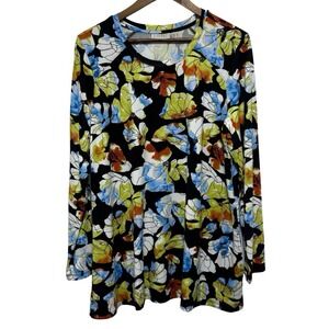 LOGO Lori Goldstein Tunic Womens L Black Floral Long Sleeve Stretch Knit Pockets